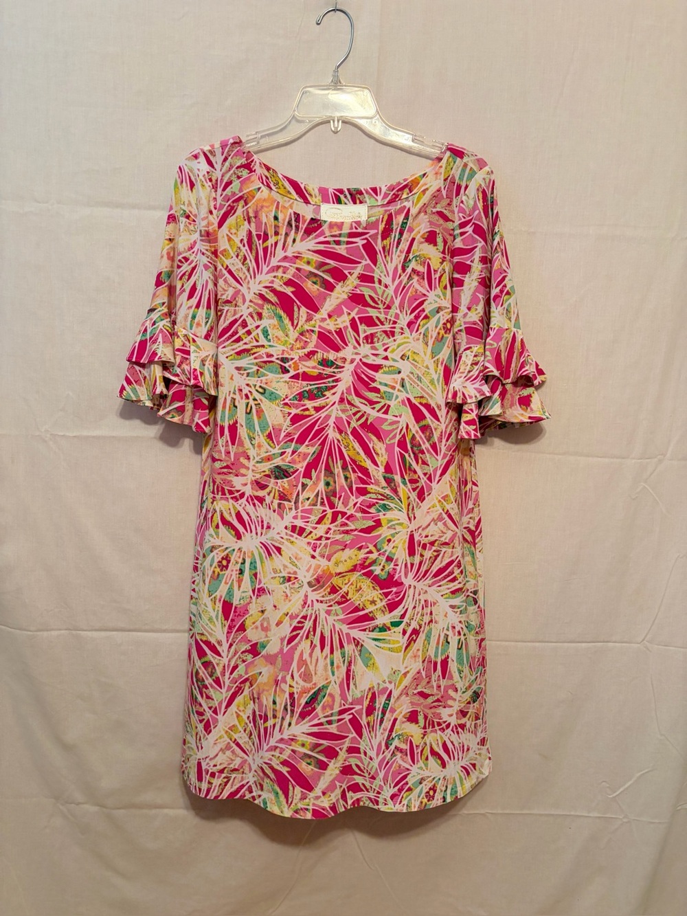 NWT Pappagallo shift dress with pink white tropical leaf print ruffled sleeves
